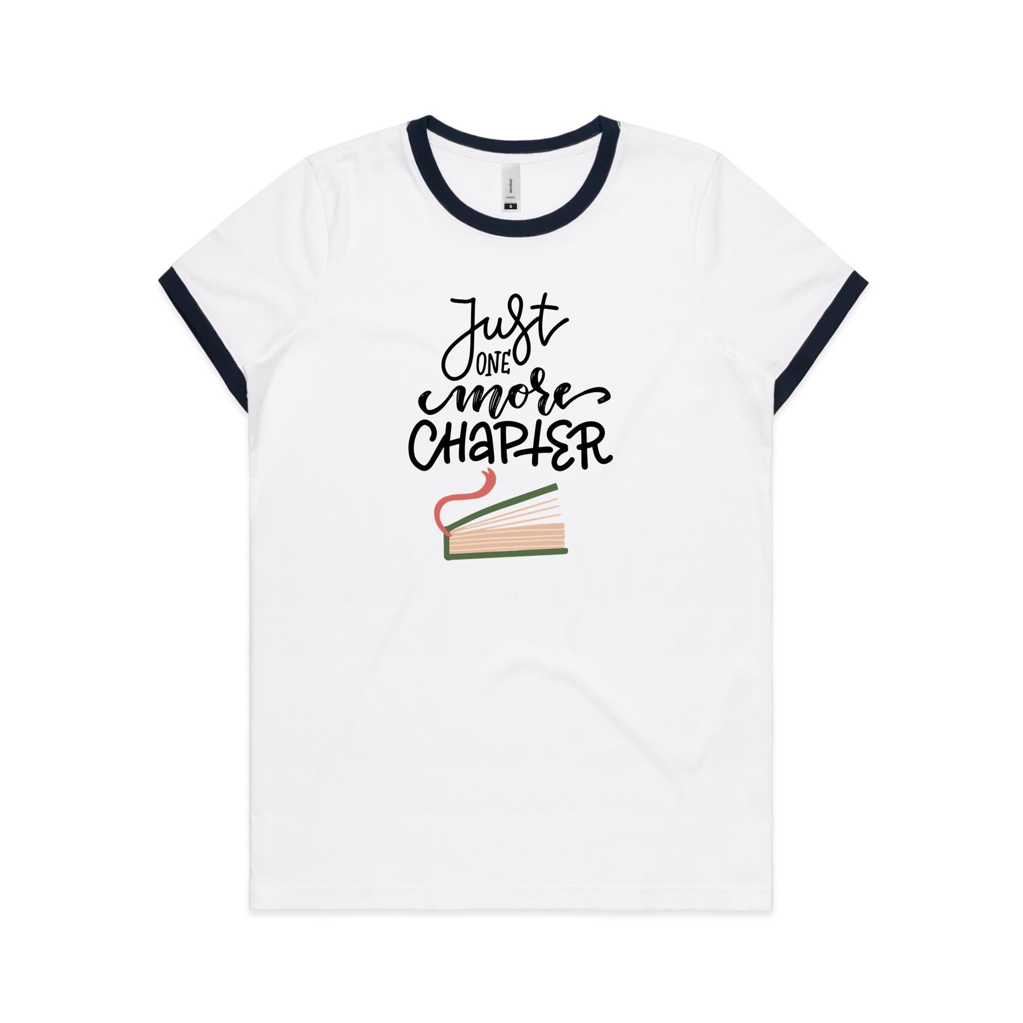 Just One More Chapter, Books - Women's Ringer Tee White Navy Womens Ringer T-shirt Printed In Australia Reading