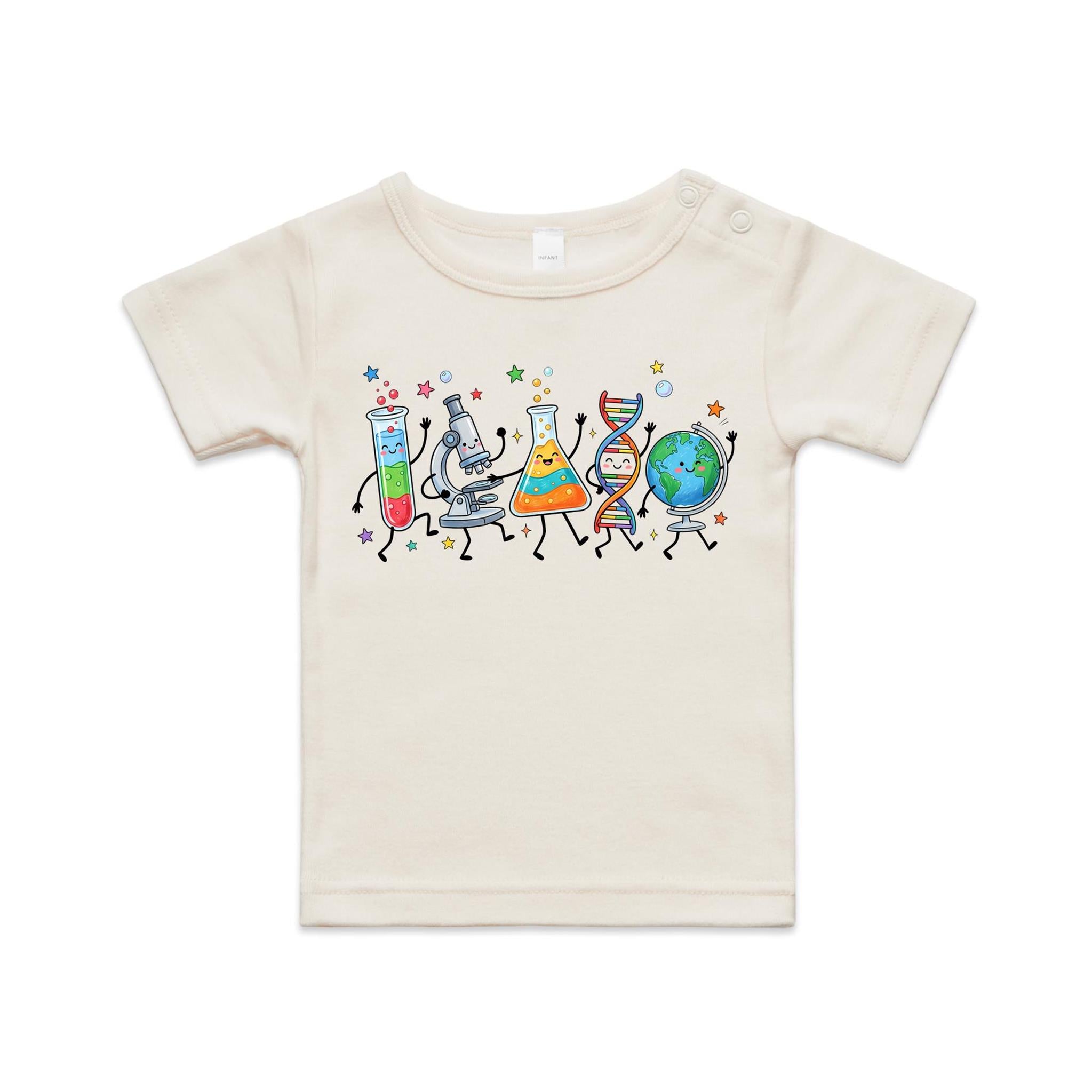 Science Characters AS Colour Baby T-shirt Natural Baby T-shirt Printed In Australia Science