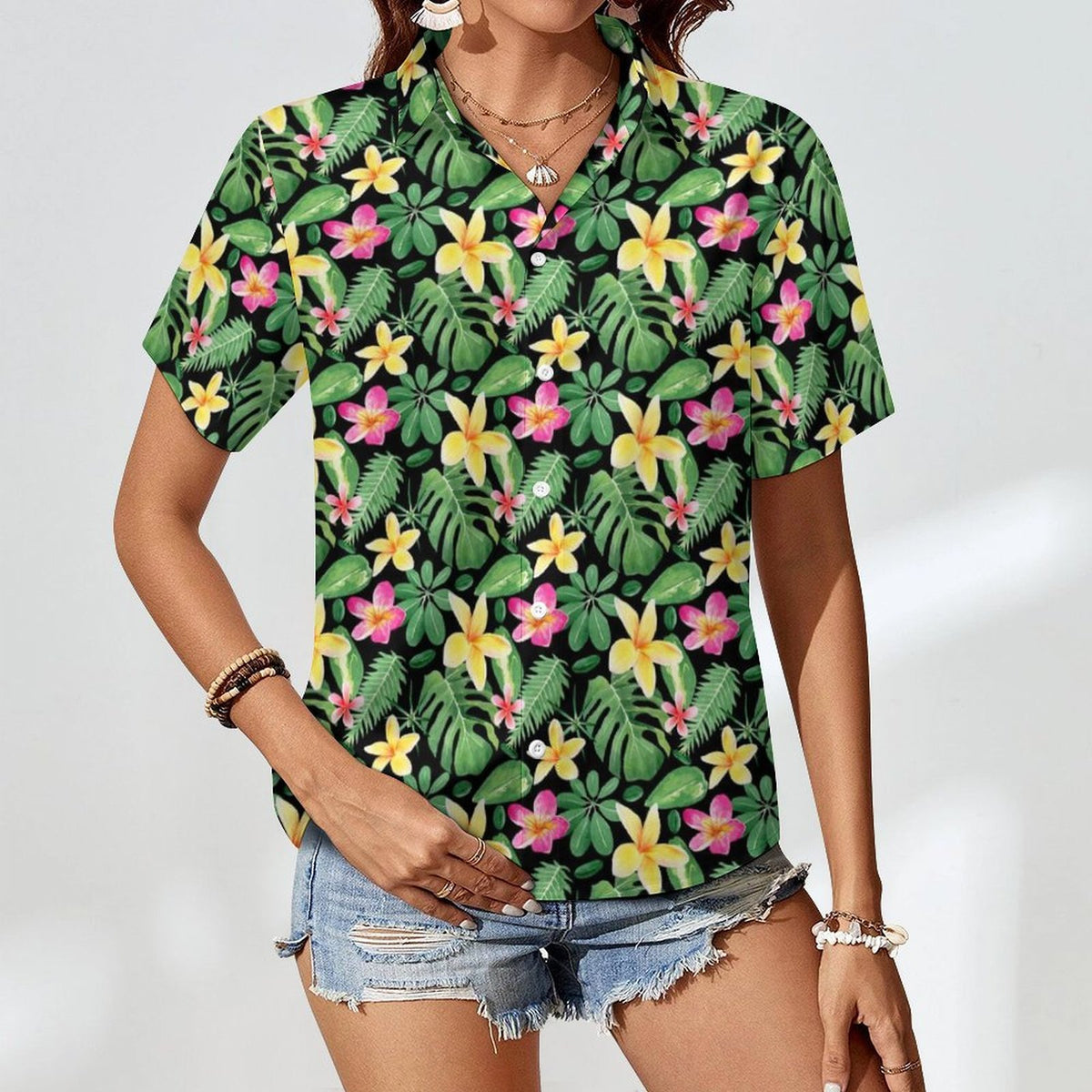 Frangipani Women's Collared Pocketless Short Sleeve Shirt