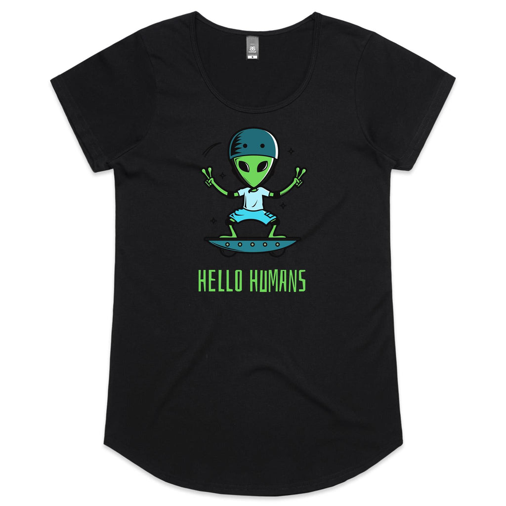 Hello Humans, Alien - Womens Scoop Neck T-Shirt Black Womens Scoop Neck T-shirt Printed In Australia Sci Fi