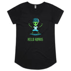 Hello Humans, Alien - Womens Scoop Neck T-Shirt Black Womens Scoop Neck T-shirt Printed In Australia Sci Fi