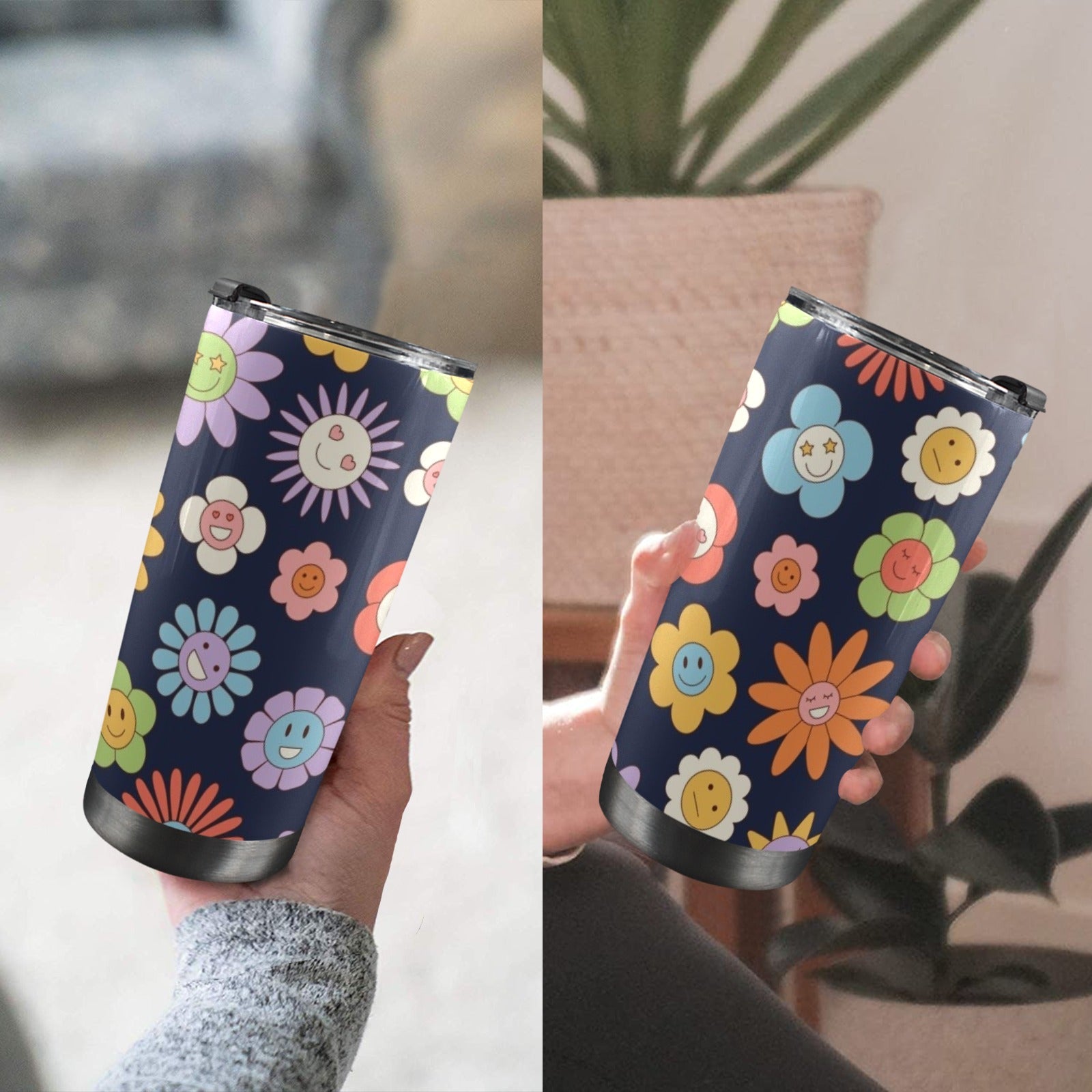 Groovy Flowers 20oz Mobile Tumbler with Lid (Black Lock) 20oz Travel Mug Plants Printed Offshore Retro