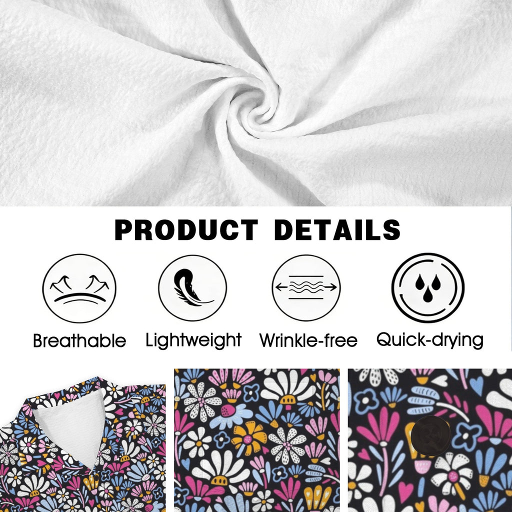 Graphic Flowers On Black Men's Crinkle Hawaiian Shirt