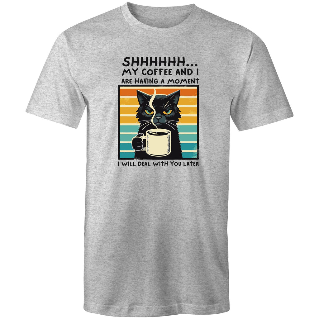 Shhh, My Coffee And I Are Having A Moment, Cat - Mens T-Shirt Grey Marle Mens T-shirt animal Coffee Printed In Australia