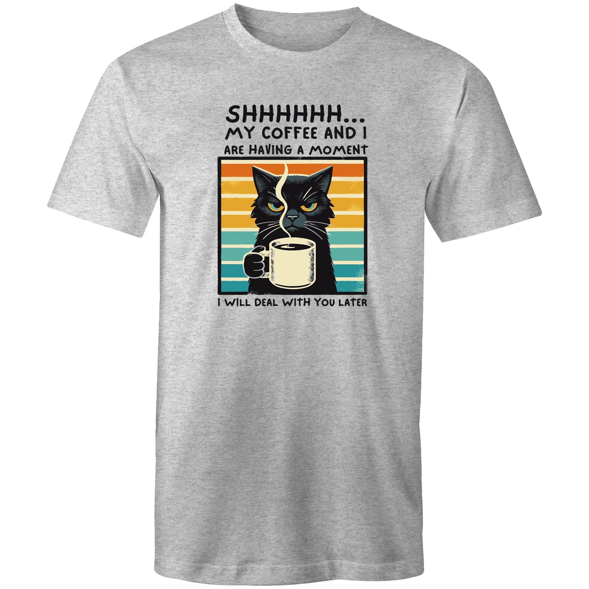 Shhh, My Coffee And I Are Having A Moment, Cat - Mens T-Shirt Grey Marle Mens T-shirt animal Coffee Printed In Australia