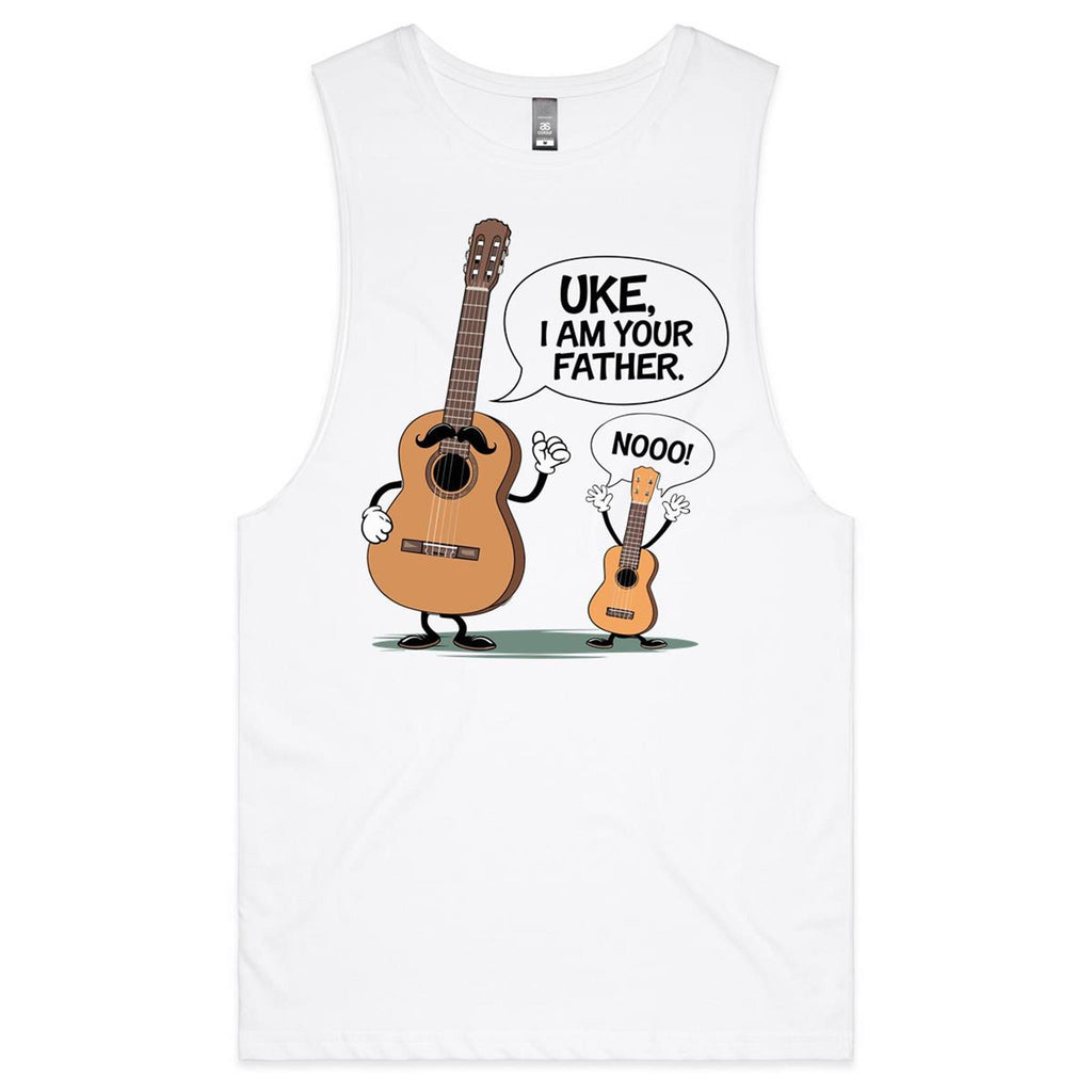 Guitar And Ukulele, I Am Your Father Mens Men's AS Colour Drop Arm Tank Top White Drop Arm Tank Top Dad Music Printed In Australia