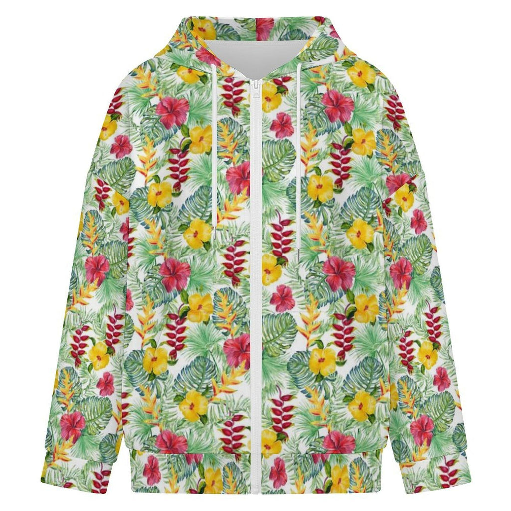 Tropical Flowers On White Women's Full-Zip Hoodie