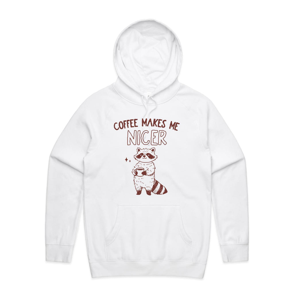 Coffee Makes Me Nicer, Raccoon - Mens Hoodie White Mens Hoodie animal Coffee Printed In Australia