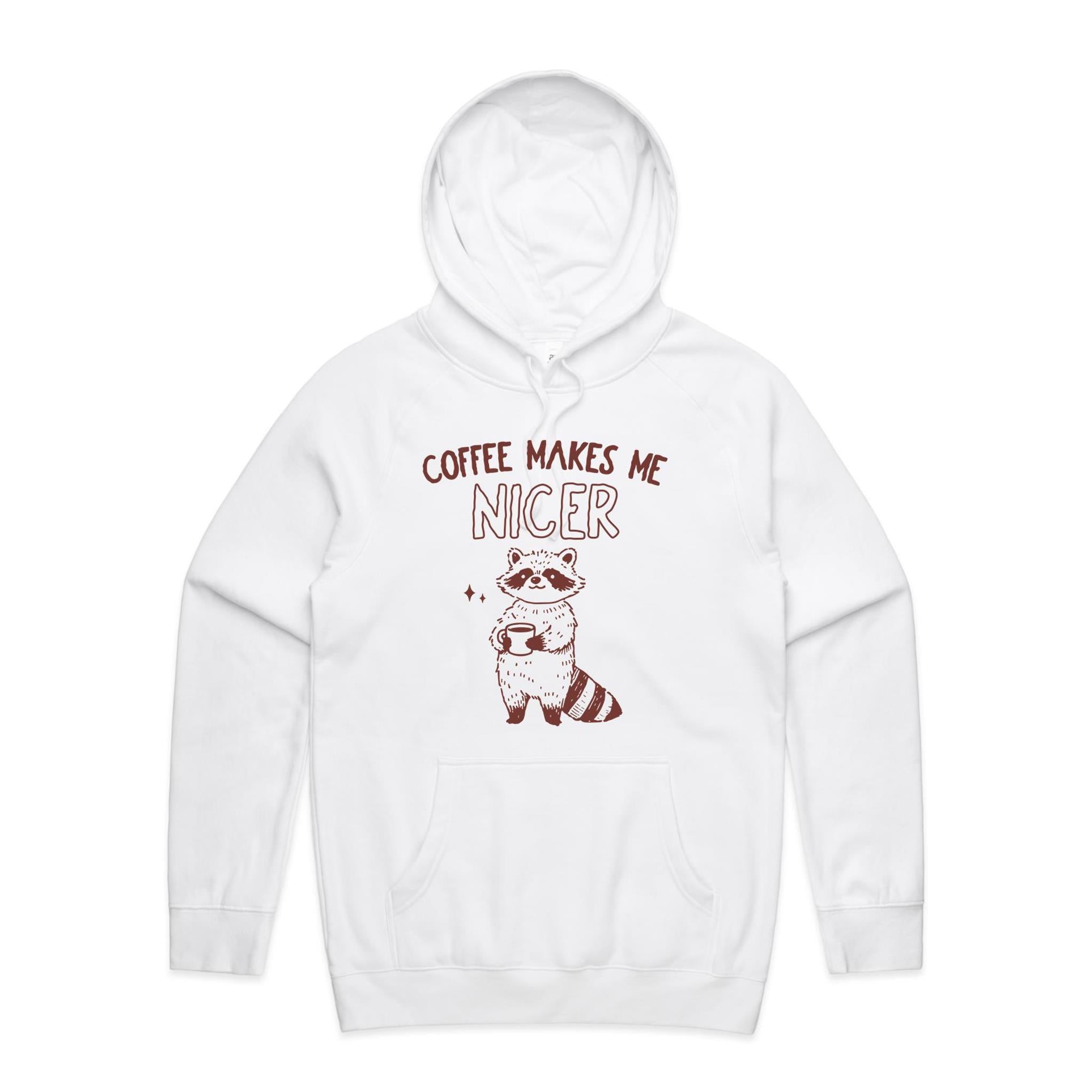 Coffee Makes Me Nicer, Raccoon - Mens Hoodie White Mens Hoodie animal Coffee Printed In Australia