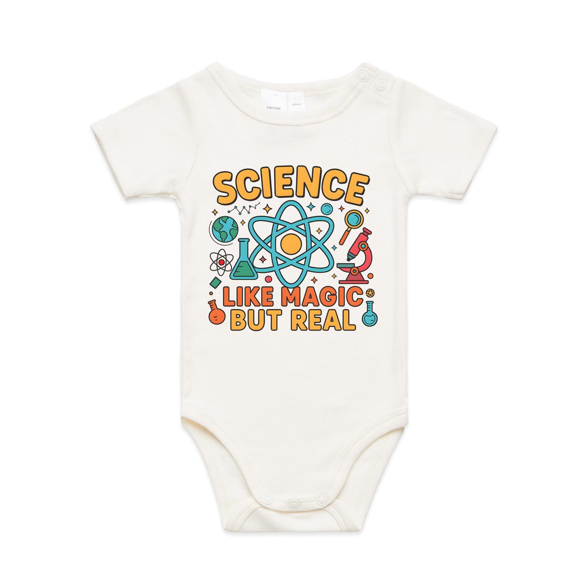 Science, Like Magic But Real AS Colour Baby Bodysuit Natural Baby Bodysuit Printed In Australia Science