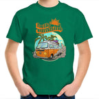 Hello Sunshine, Beach Van - Kids Youth T-Shirt Kelly Green Kids Youth T-shirt Printed In Australia Retro Summer Surf