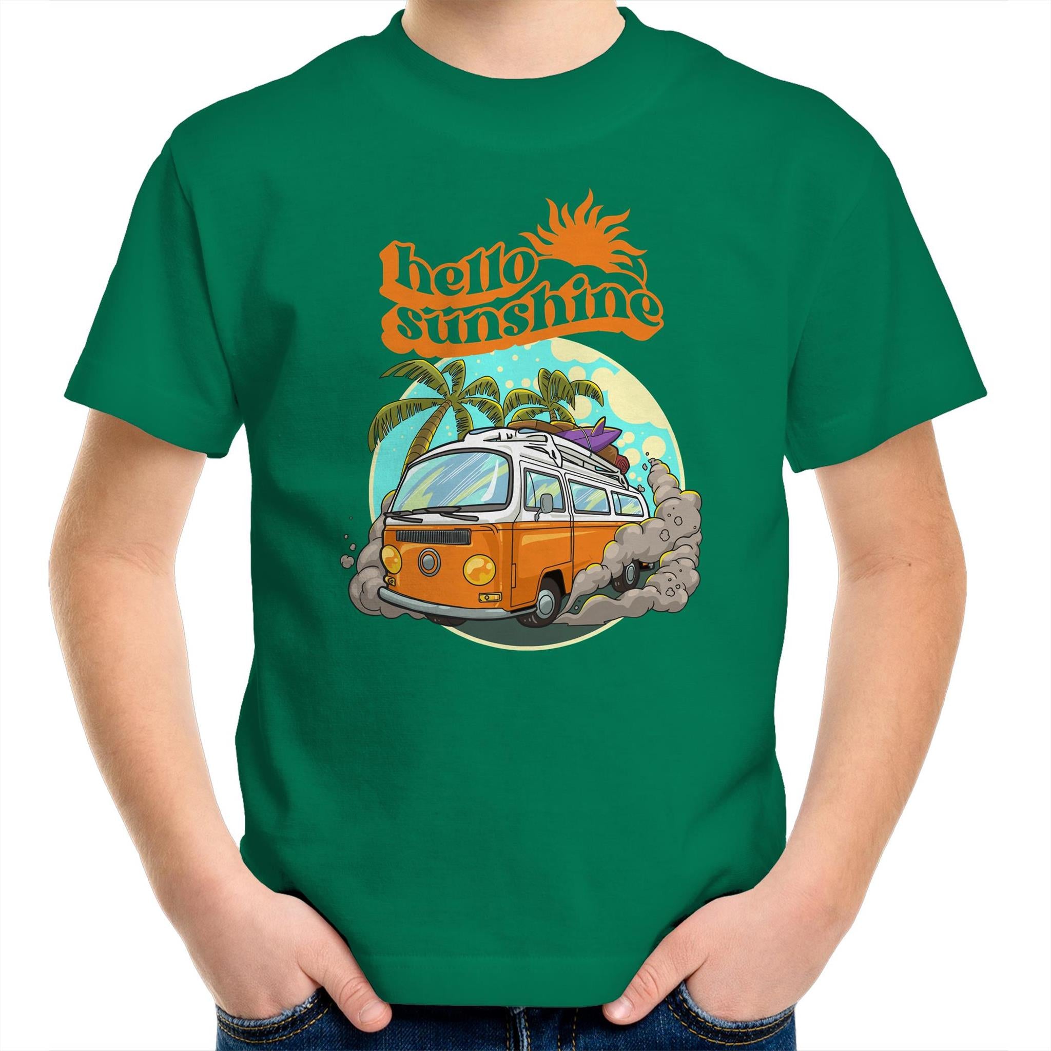 Hello Sunshine, Beach Van - Kids Youth T-Shirt Kelly Green Kids Youth T-shirt Printed In Australia Retro Summer Surf