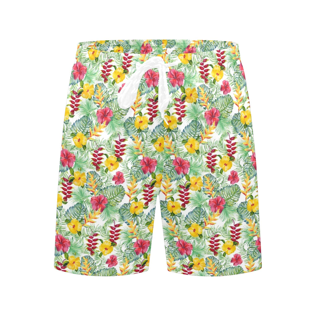 Tropical Flowers On White Men's Mid-Length Beach Shorts Men's Mid-Length Beach Shorts Plants Printed Offshore