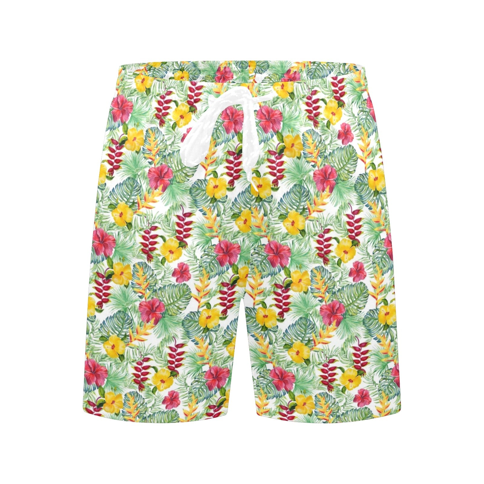 Tropical Flowers On White Men's Mid-Length Beach Shorts Men's Mid-Length Beach Shorts Plants Printed Offshore