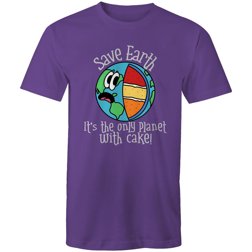 Save Earth, It's The Only Planet With Cake - Mens T-Shirt Purple Mens T-shirt Environment Food Printed In Australia