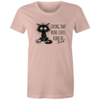 Living That nine Lives Kind Of Tired, Frazzled Cat - Womens T-shirt Pale Pink Womens T-shirt animal Coffee Printed In Australia