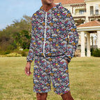 Graphic Flowers On Black Men's Lightweight Sun Hoodie & Shorts Set Men's Lightweight Sun Hoodie & Shorts Plants Printed Offshore