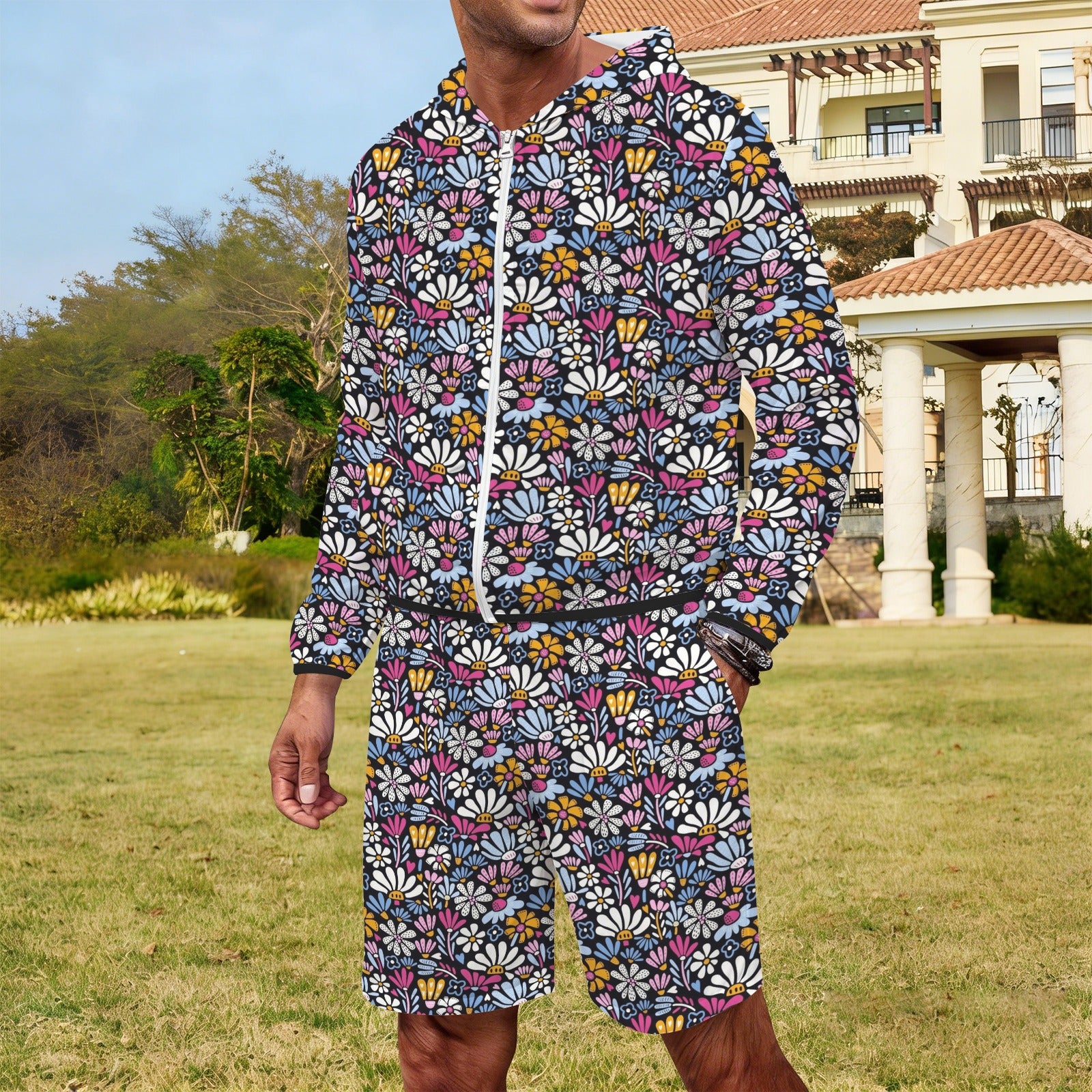Graphic Flowers On Black Men's Lightweight Sun Hoodie & Shorts Set Men's Lightweight Sun Hoodie & Shorts Plants Printed Offshore