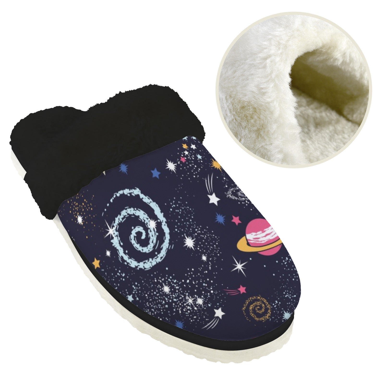Outer Space Women's Fur Trim Thick-Sole Indoor Slippers Women's Fur Trimmed Slippers Printed Offshore Space