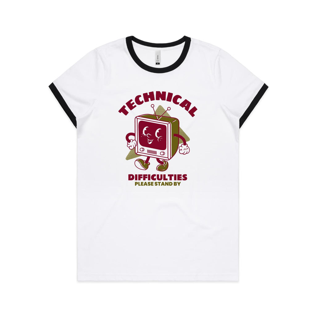 Technical Difficulties, Retro TV - Women's Ringer Tee White Black Womens Ringer T-shirt Printed In Australia Retro Tech
