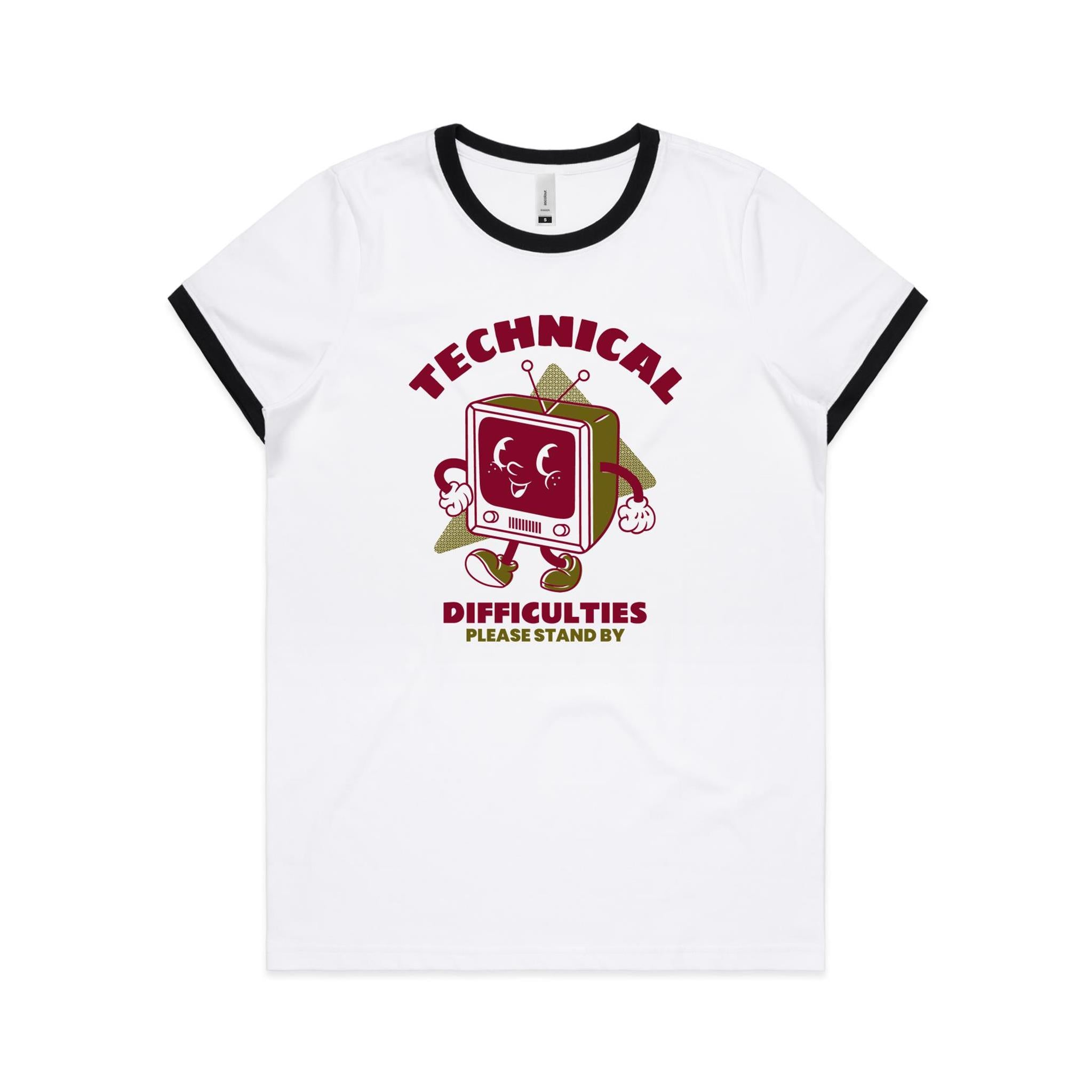 Technical Difficulties, Retro TV - Women's Ringer Tee White Black Womens Ringer T-shirt Printed In Australia Retro Tech