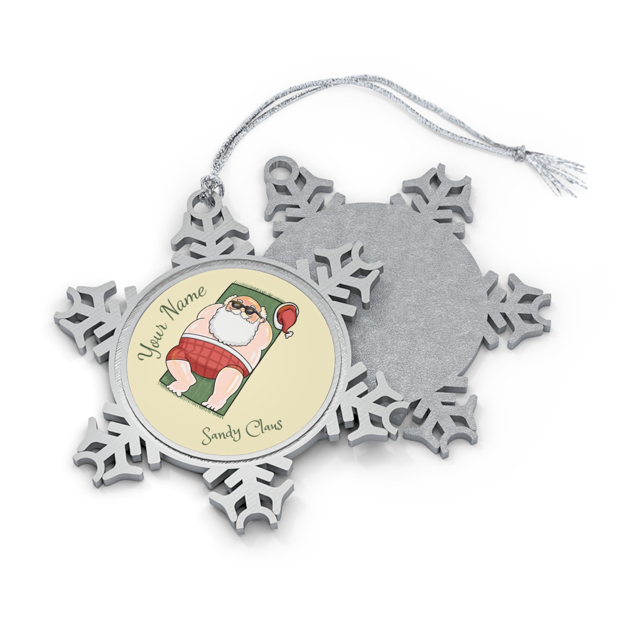 Personalised - Sandy Claus, Beach Santa - Christmas Pewter Snowflake Ornament