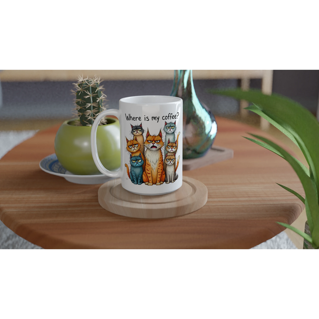 Where Is My Coffee, Cranky Cats - White 15oz Ceramic Mug 15oz Mug animal Coffee Globally Fulfilled