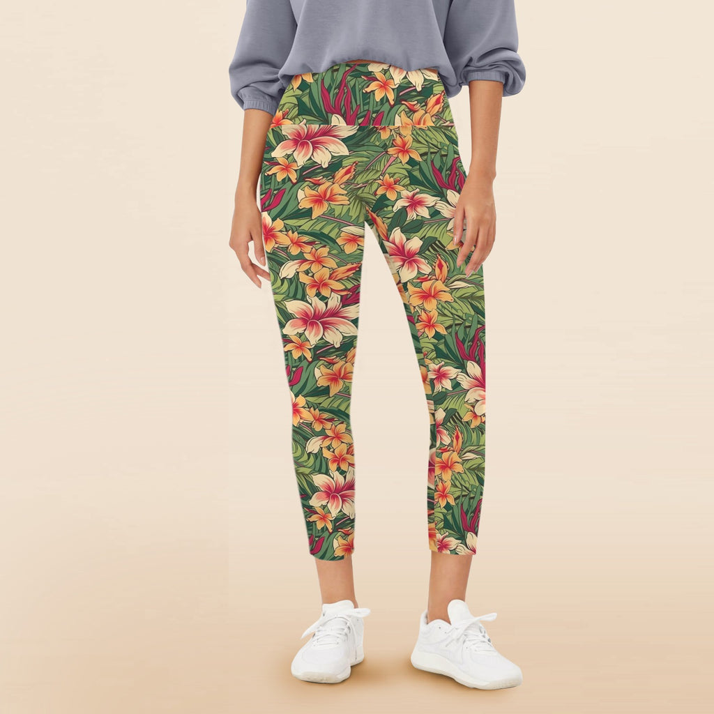 Vintage Hawaiian Flowers Women's High Waist Pockets Yoga Leggings 5XL Women's High Waist Pockets Yoga Leggings Plants Printed Offshore Surf