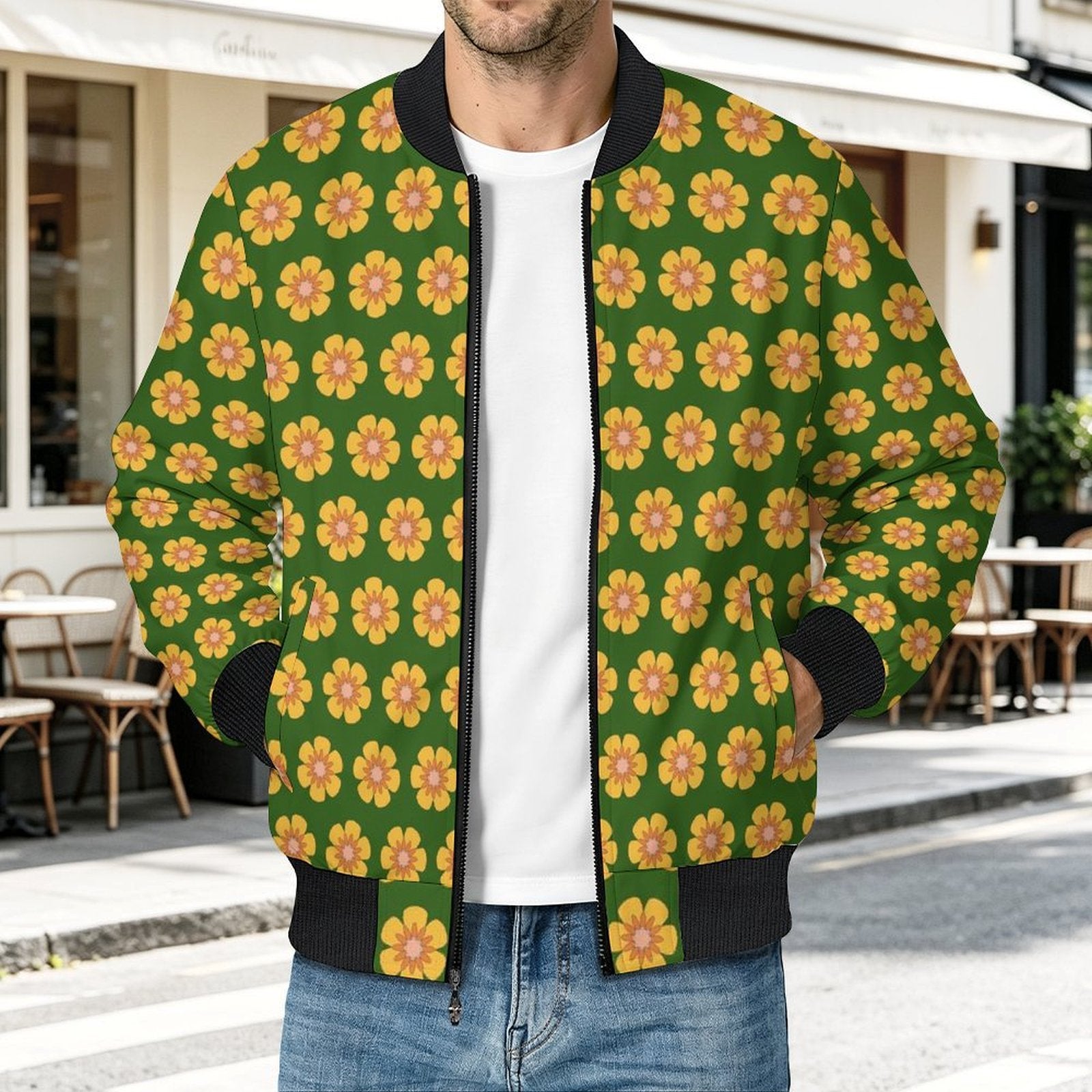 Yellow Flowers On Green Men's Casual Zip‑Up Bomber Jacket