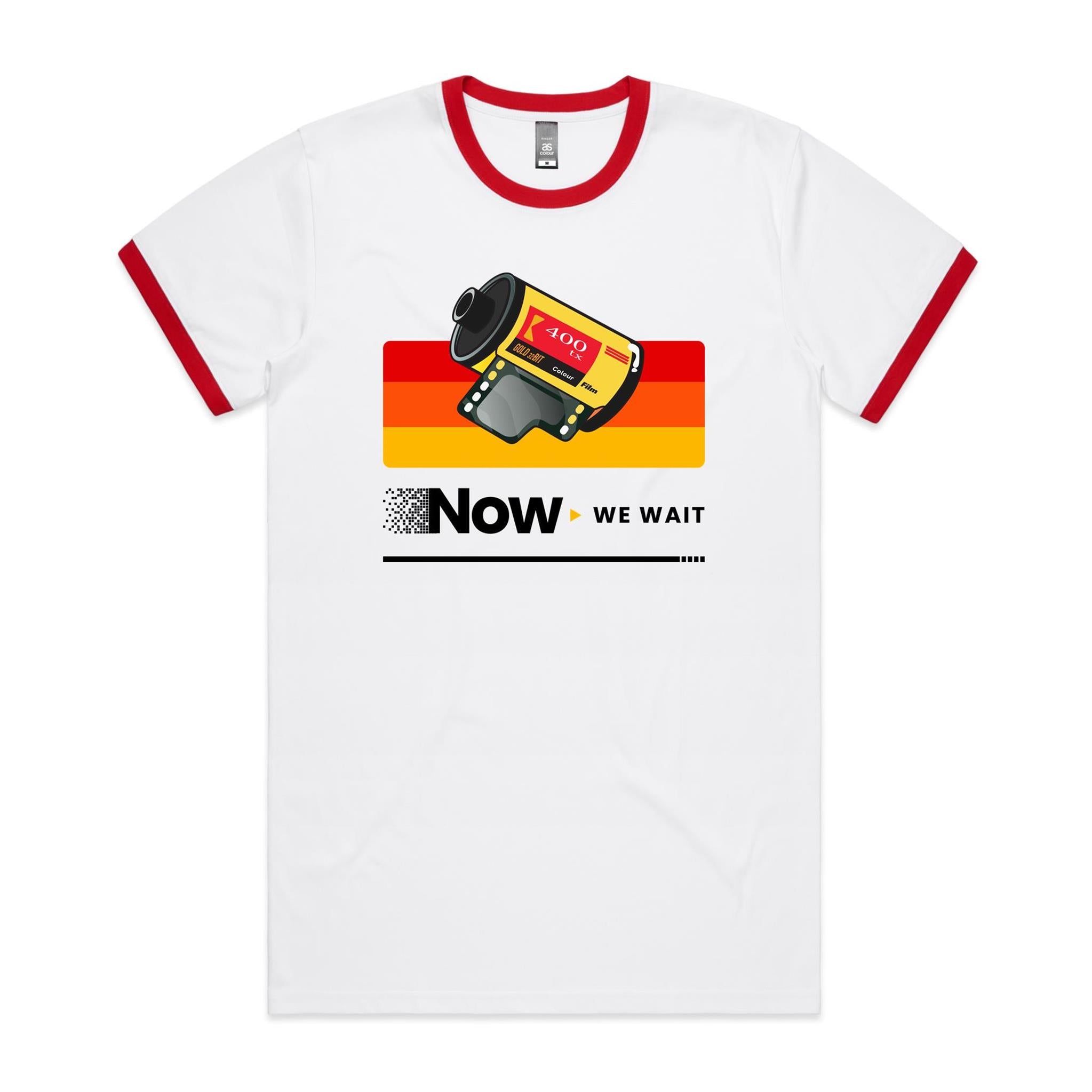 Camera Film, Now We Wait Men's AS Colour Ringer Tee White Red Ringer T-Shirt Printed In Australia Retro
