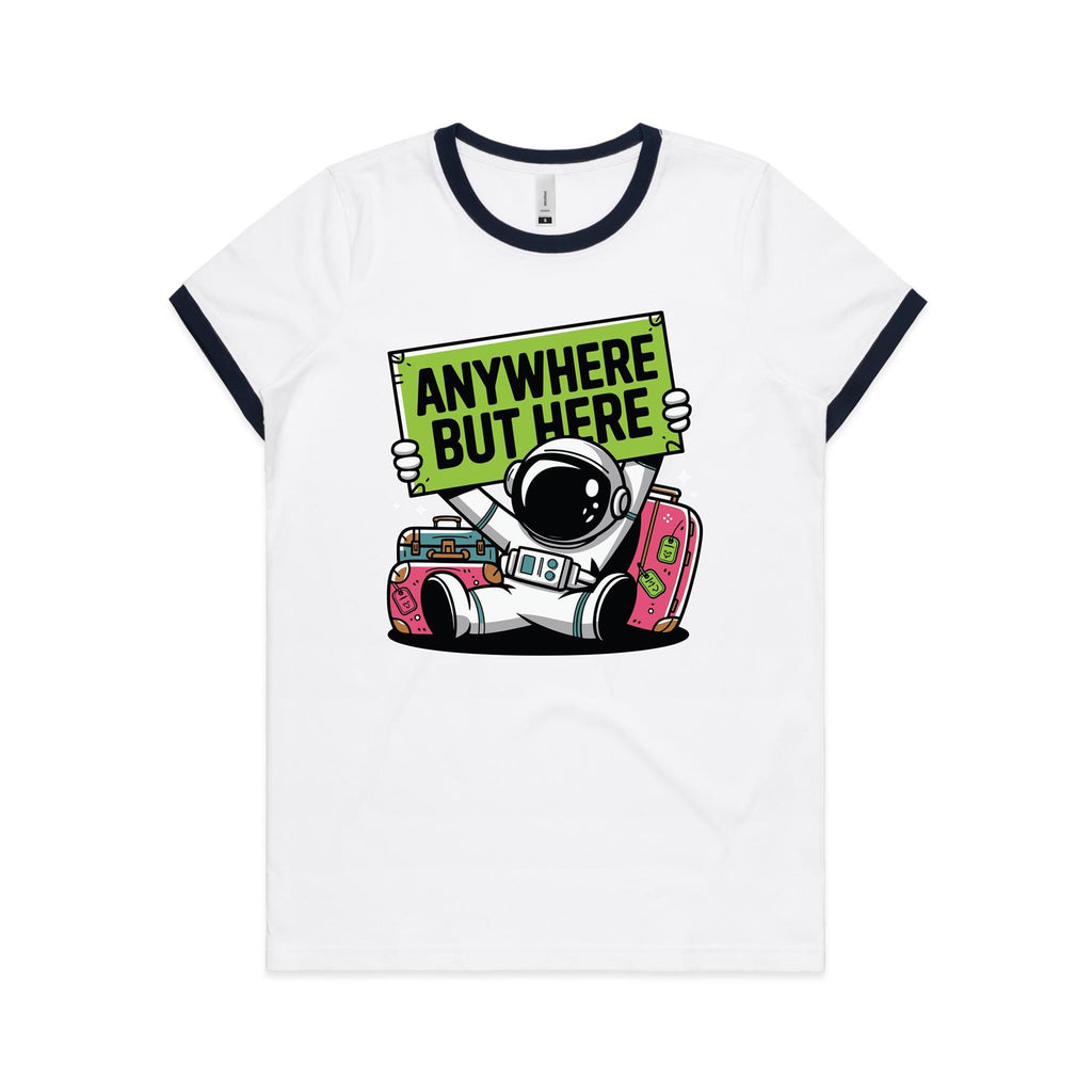 Astronaut, Anywhere But Here - Women's Ringer Tee White Navy Womens Ringer T-shirt Printed In Australia Space