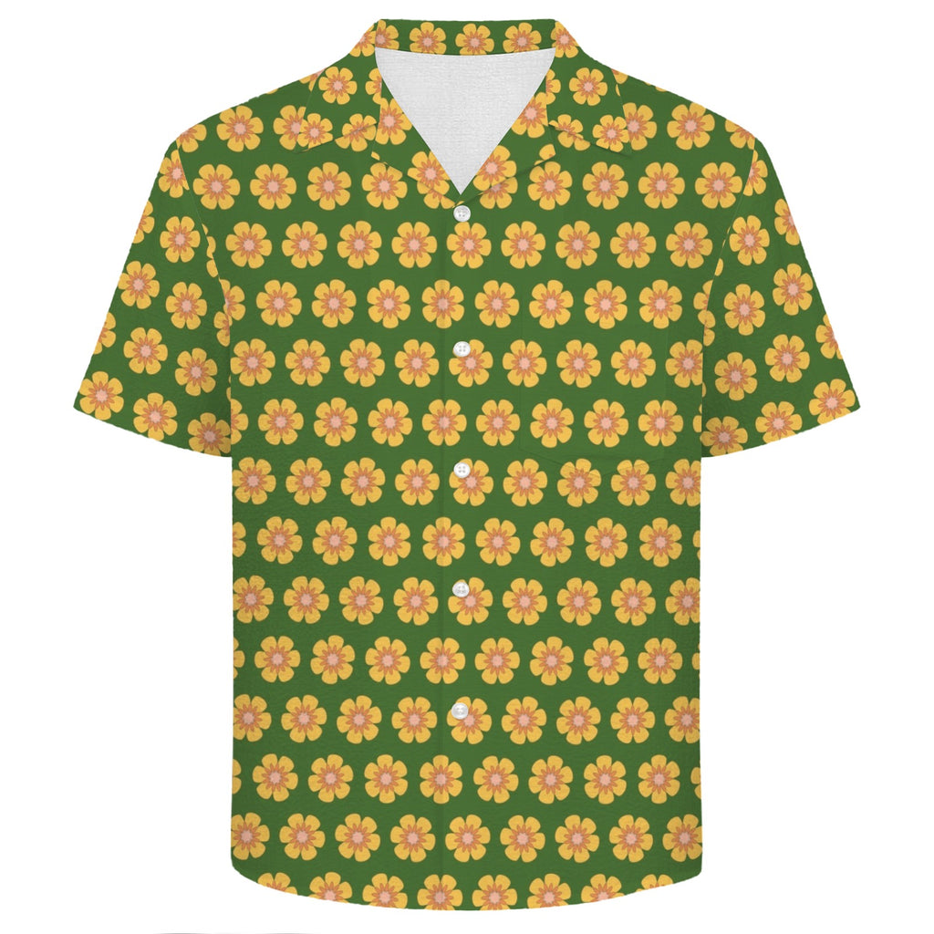 Yellow Flowers On Green Men's Crinkle Hawaiian Shirt