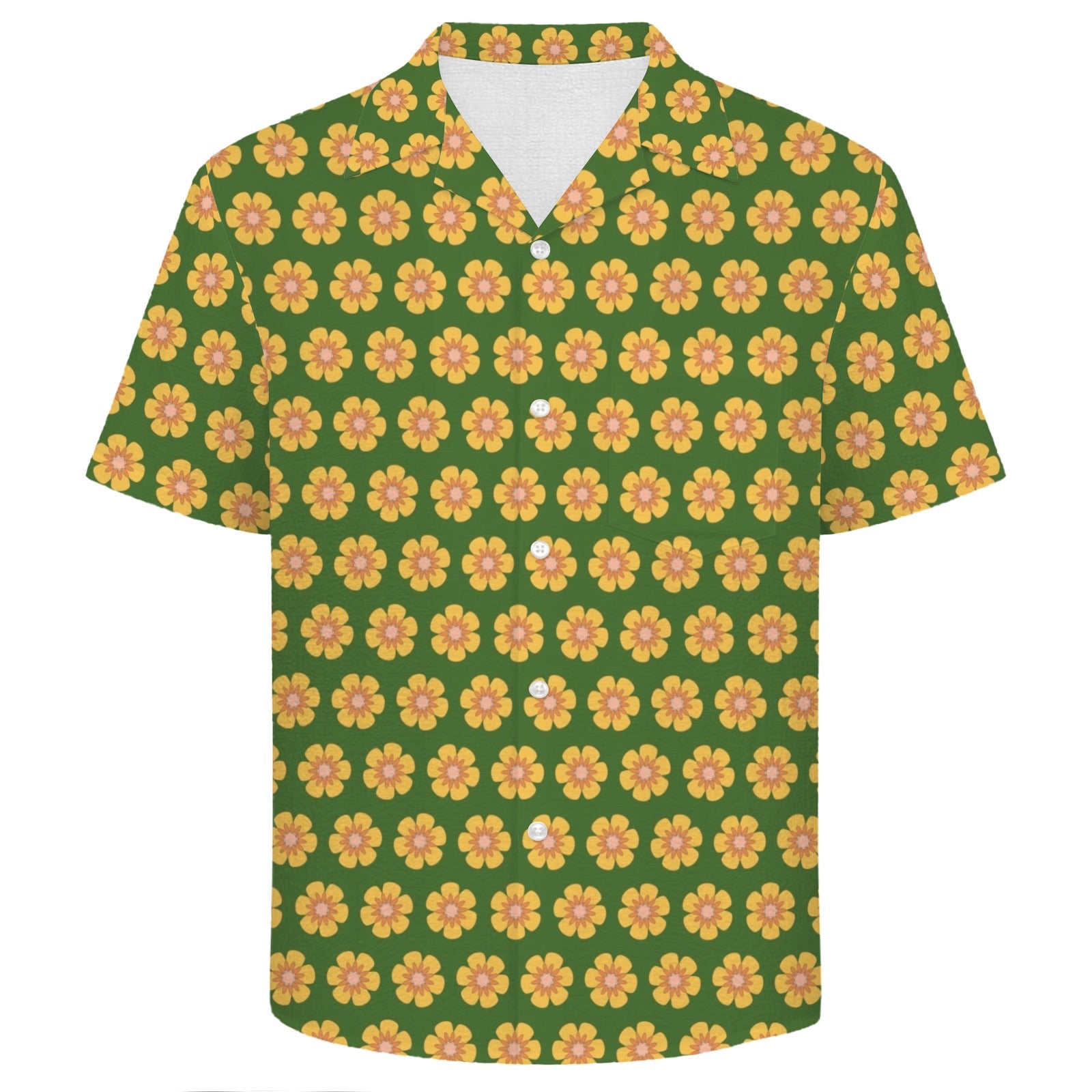 Yellow Flowers On Green Men's Crinkle Hawaiian Shirt