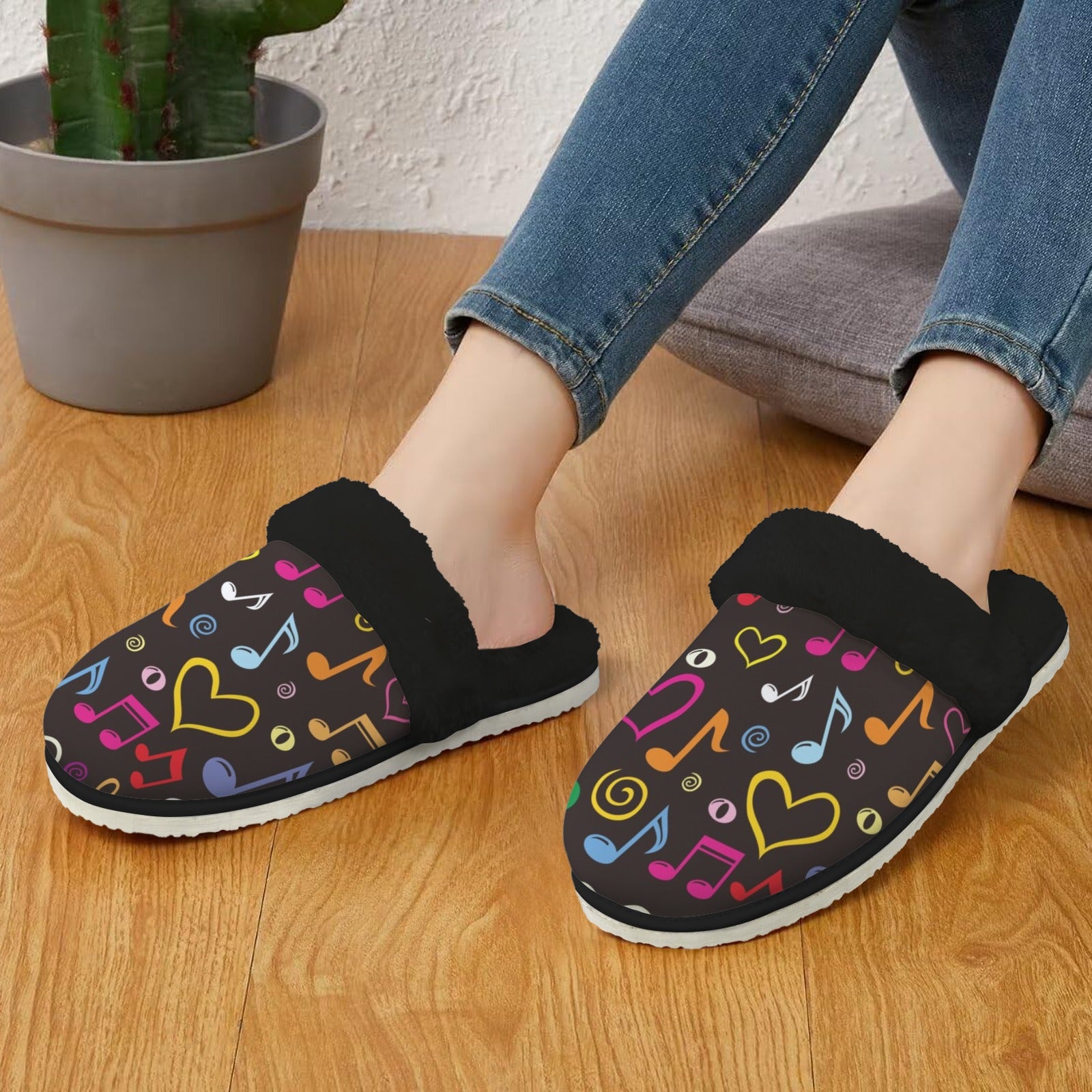 Music Love Women's Fur Trim Thick-Sole Indoor Slippers Women's Fur Trimmed Slippers Music Printed Offshore