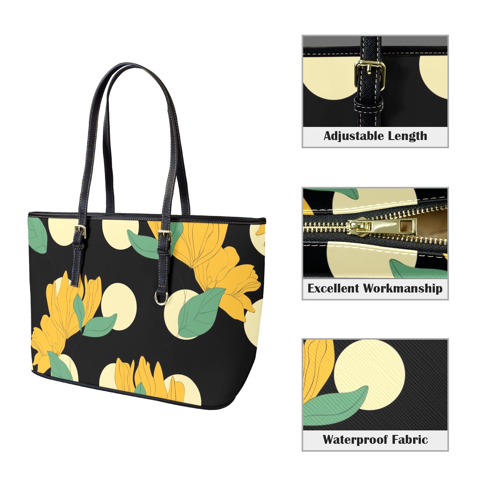 Yellow Flowers And Dots - Leather Tote Bag-Large