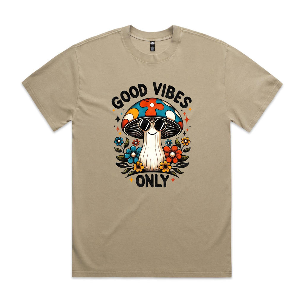 Good Vibes Only, Hippie Mushroom AS Colour Heavy Faded Tee Unisex Faded khaki Heavy Faded T-shirt Positivity Printed In Australia