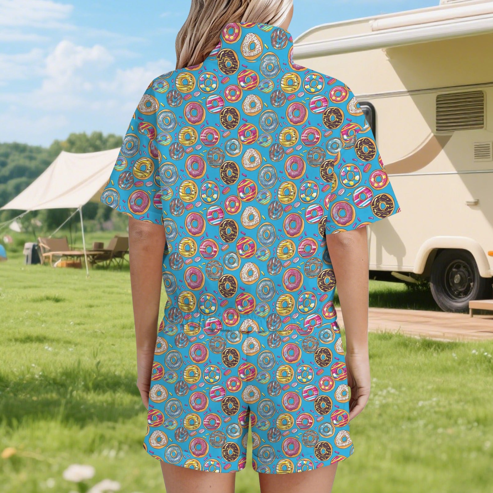 Doughnuts On Blue Women's Windbreaker Short Set Women's Windbreaker Short Set Food Printed Offshore