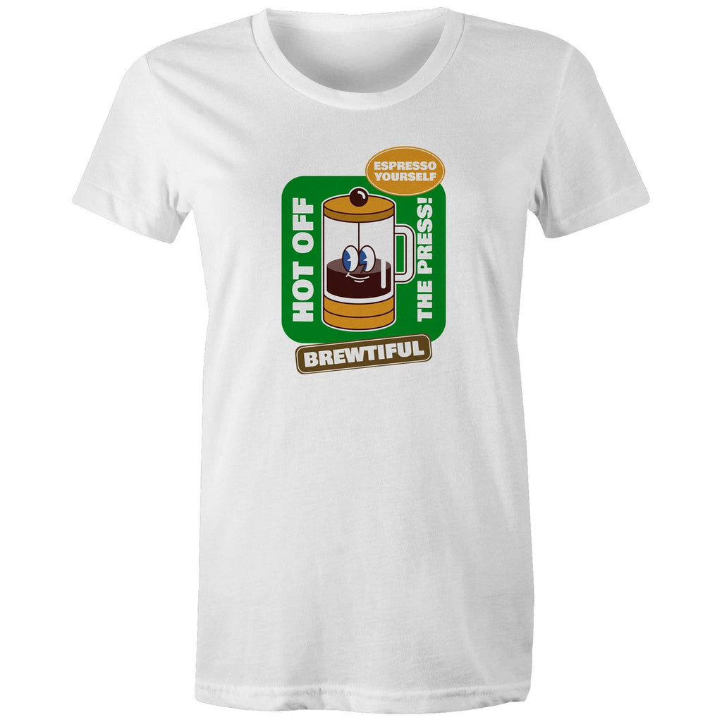 Brewtiful, Coffee Press - Womens T-shirt White Womens T-shirt Coffee Printed In Australia
