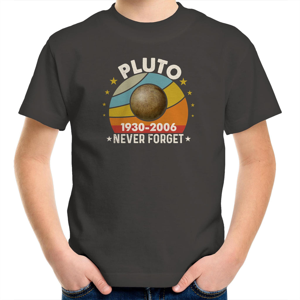 Never Forget Pluto - Kids Youth T-Shirt Charcoal Kids Youth T-shirt Printed In Australia Space
