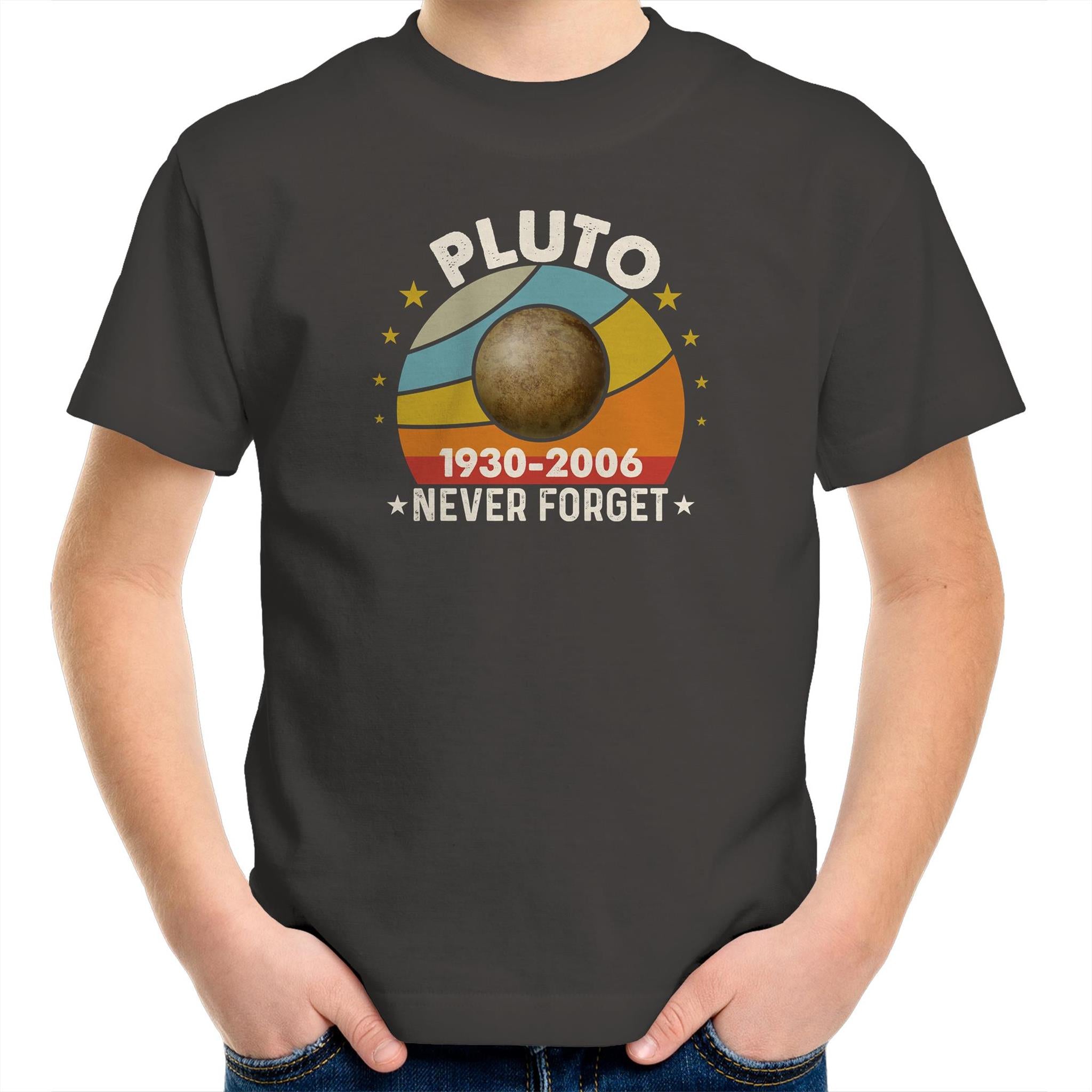 Never Forget Pluto - Kids Youth T-Shirt Charcoal Kids Youth T-shirt Printed In Australia Space