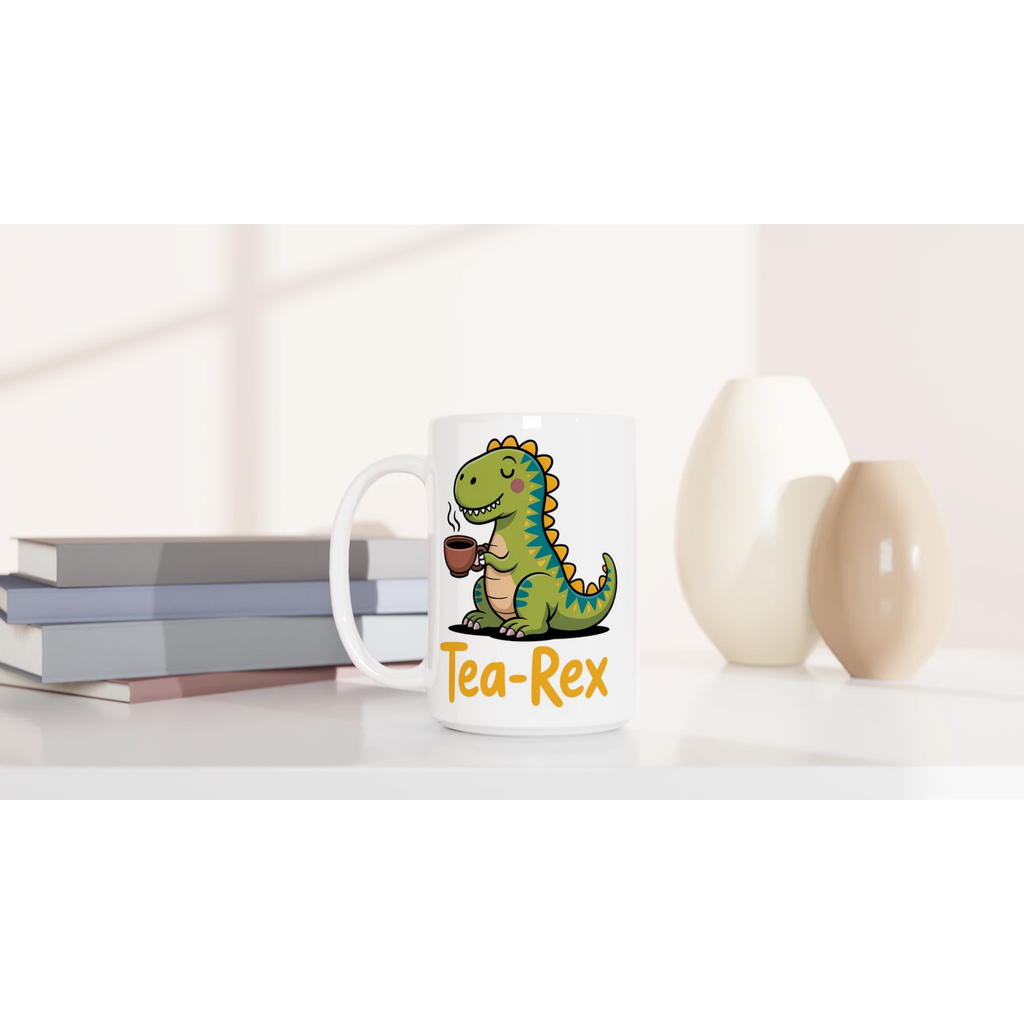 Personalised Tea-Rex, Tea Drinking Dinosaur White 15oz Ceramic Mug Personalised 15oz Mug Globally Fulfilled Tea