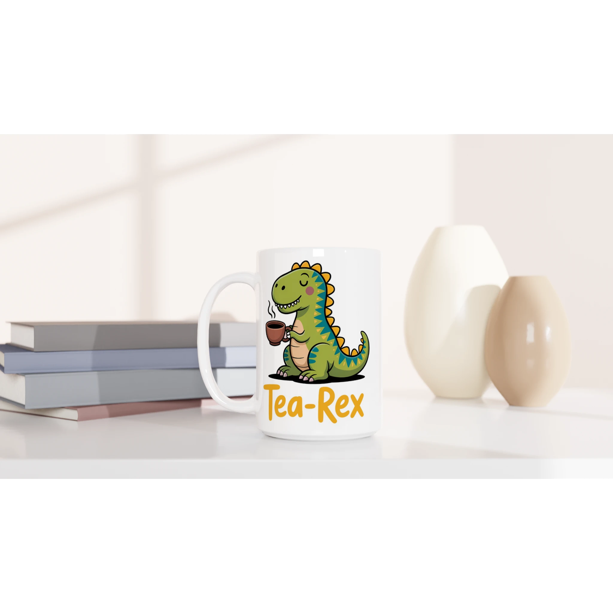 Personalised - Tea-Rex, Tea Drinking Dinosaur - White 15oz Ceramic Mug Personalised 15oz Mug Globally Fulfilled Tea