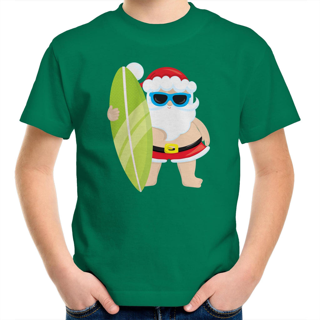 Surf Summer Santa - Kids Youth T-Shirt Kelly Green Kids Christmas T-shirt Christmas Printed In Australia