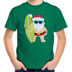 Surf Summer Santa - Kids Youth T-Shirt Kelly Green Kids Christmas T-shirt Christmas Printed In Australia