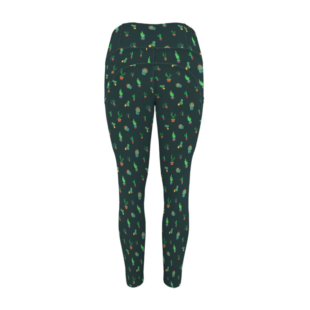 Cactus On Black - Women's High Waist Pockets Yoga Leggings