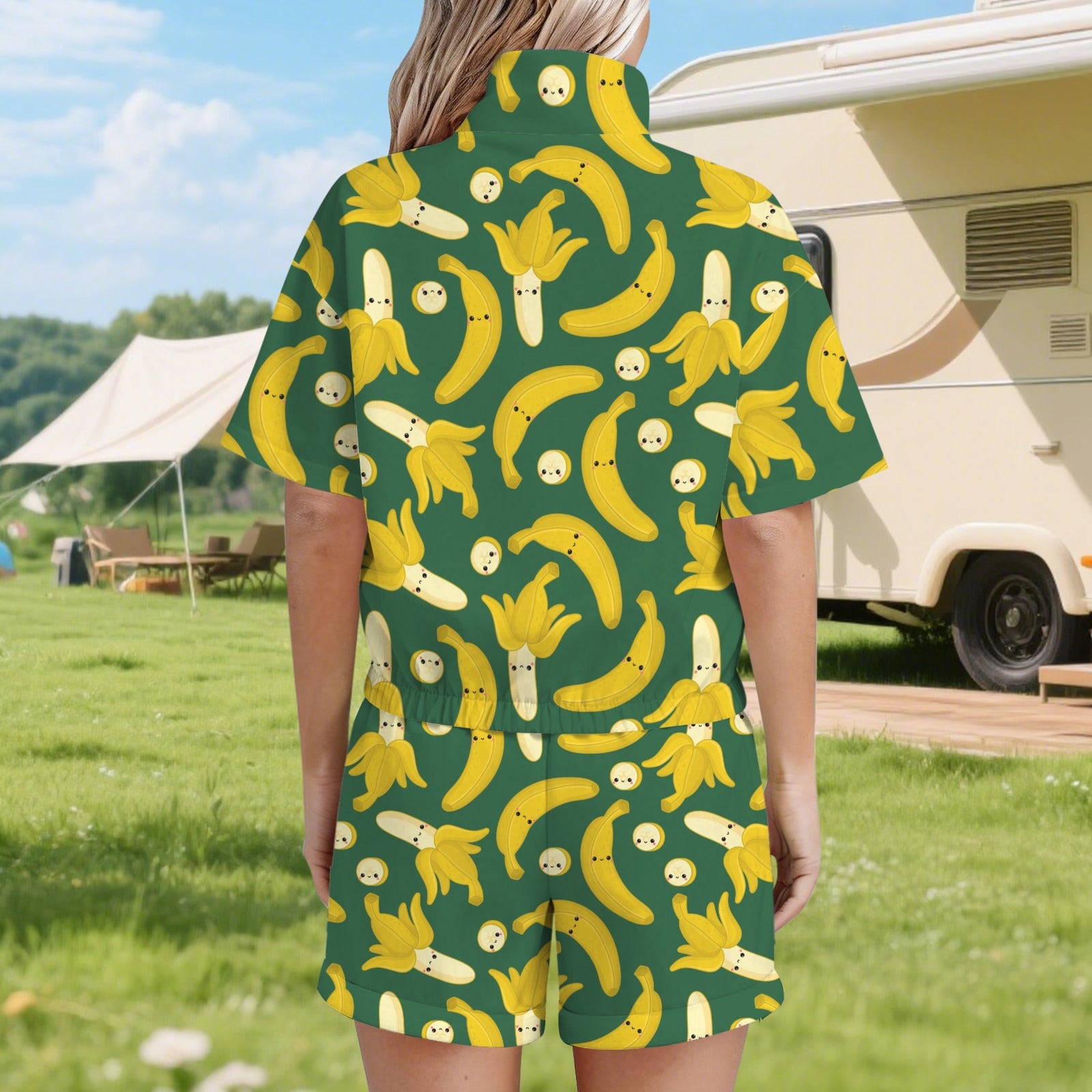 Happy Bananas Women's Windbreaker Short Set Women's Windbreaker Short Set Food Printed Offshore
