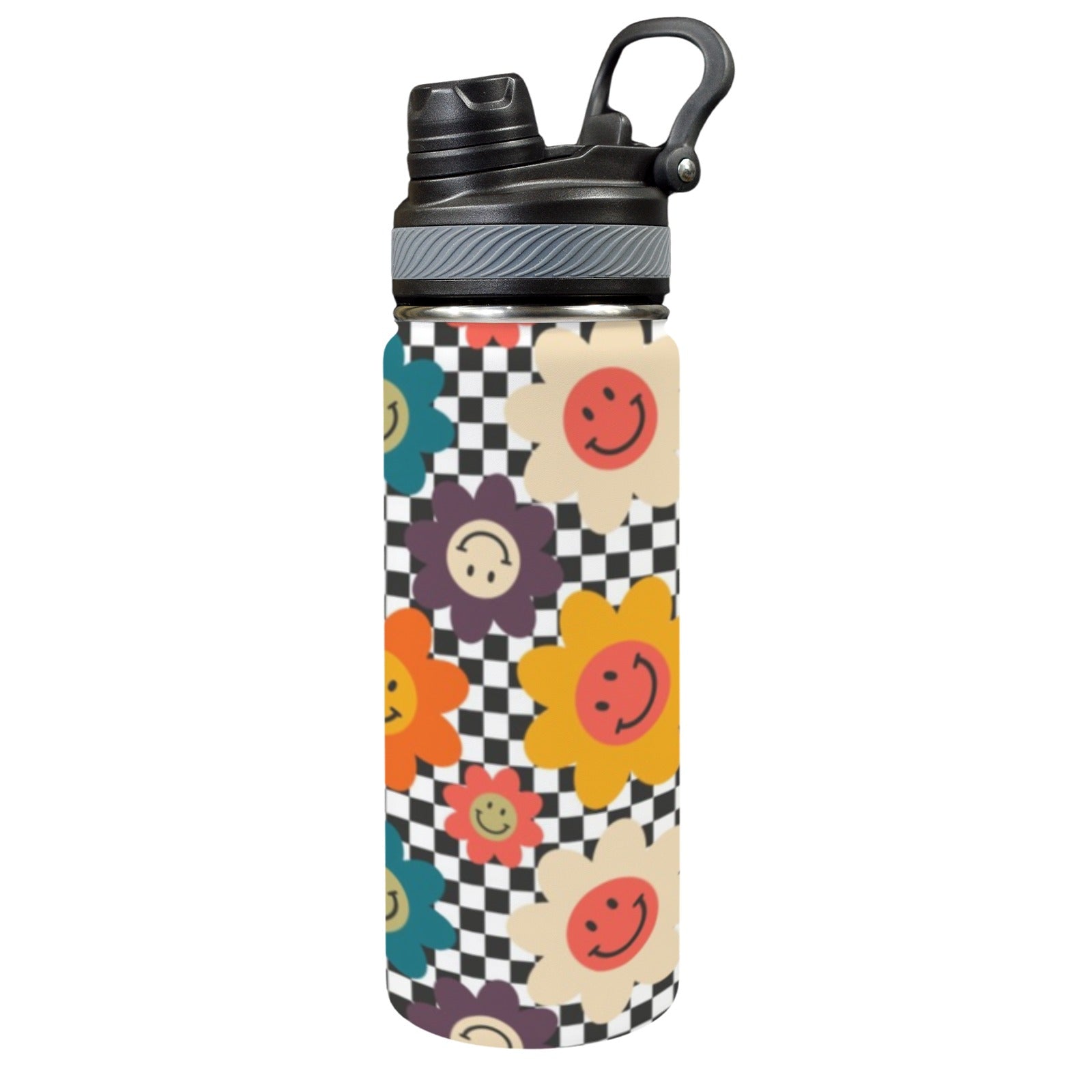 Happy Retro Flowers - Insulated Water Bottle with Dual-Use Lid (18oz) One Size Insulated Water Bottle with Dual-Use Lid (18oz) Printed Offshore Retro