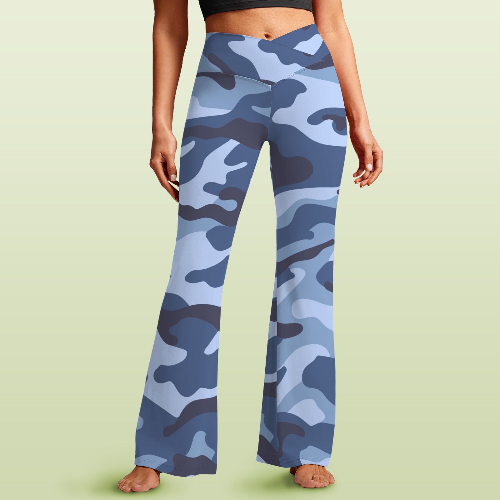 Blue Camouflage High Waist Crossover Tummy Control Flare Leggings 5XL High Waist Flare Leggings Printed Offshore