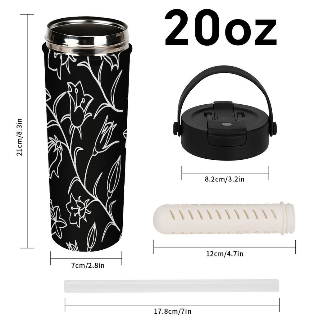 Black And White Floral 20oz Tea Tumbler with Carry Handle