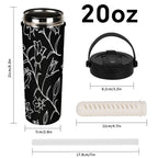 Black And White Floral 20oz Tea Tumbler with Carry Handle
